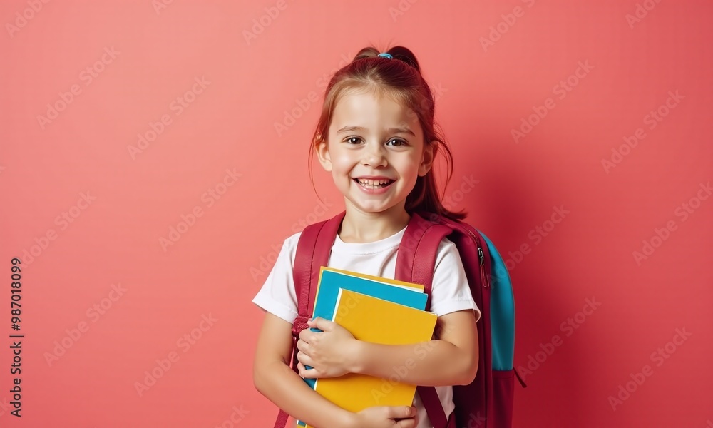 portrait funny child with backpacks and school books girl on pastel background. portrait funny child with backpacks and school books girl on pastel background.