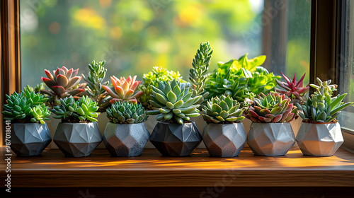 A collection of succulents in geometric pots, arranged on a wooden windowsill, with natural light streaming in to emphasize the diverse textures and shapes, evoking modern decor and low-maintenance