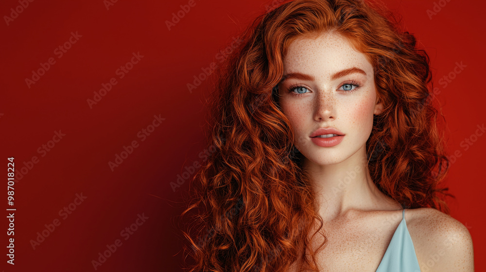 A woman with red hair and blue eyes stands in front of a red background A woman with red hair and blue eyes stands in front of a red background