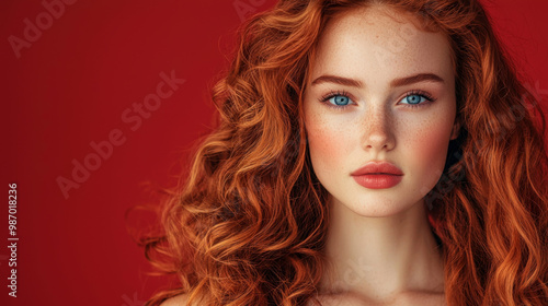 A woman with red hair and blue eyes stands in front of a red background