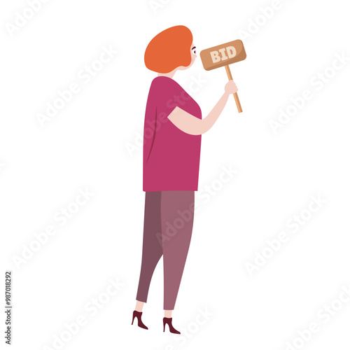 Woman with bid at auction in flat design. Buyer trading at art gallery. Vector illustration isolated.