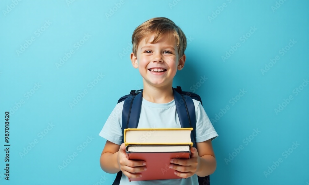 portrait funny child with backpacks and school books boy on pastel background. portrait funny child with backpacks and school books boy on pastel background.