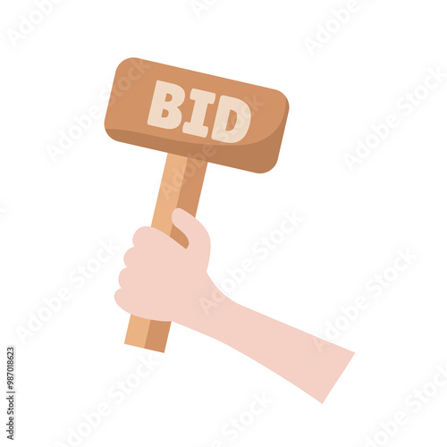 Hand with bid at auction in flat design. Buyer trading at art museum. Vector illustration isolated.
