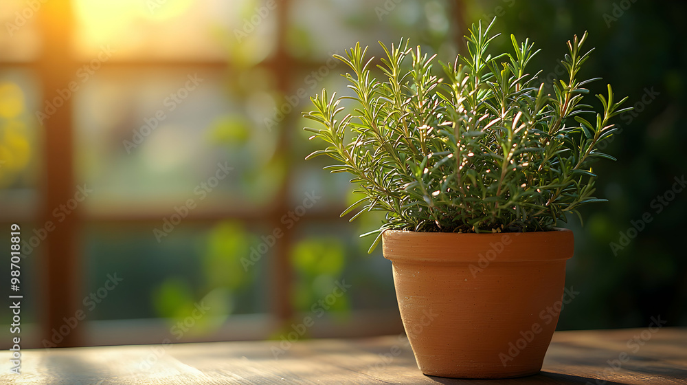 A delicate rosemary plant growing in a clay pot, with morning light softly illuminating its fragrant leaves, evoking kitchen garden aesthetics, freshness, and culinary inspiration A delicate rosemary plant growing in a clay pot, with morning light softly illuminating its fragrant leaves, evoking kitchen garden aesthetics, freshness, and culinary inspiration