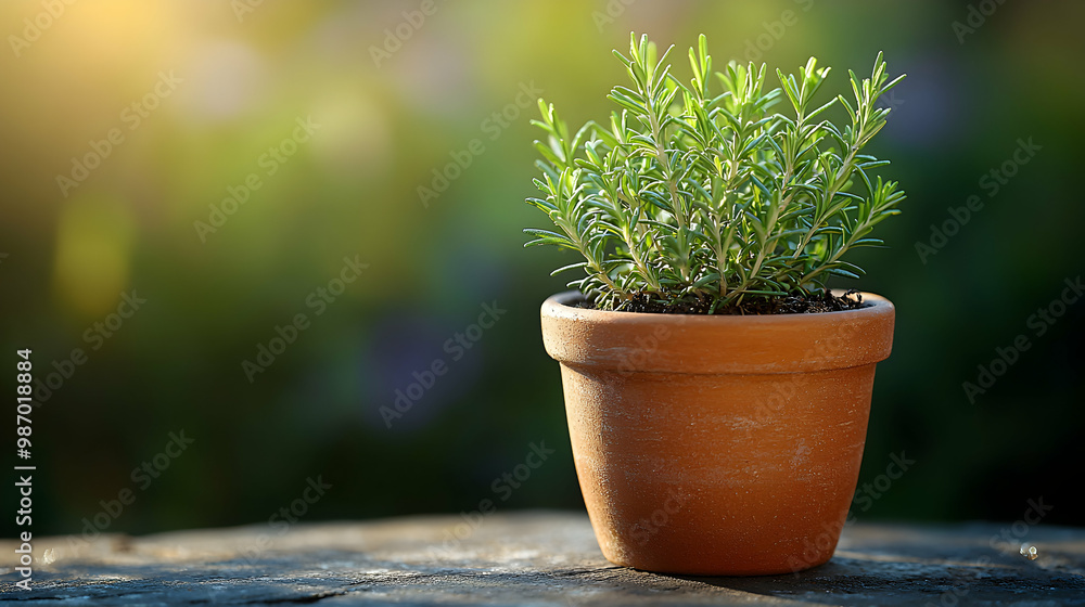 A delicate rosemary plant growing in a clay pot, with morning light softly illuminating its fragrant leaves, evoking kitchen garden aesthetics, freshness, and culinary inspiration A delicate rosemary plant growing in a clay pot, with morning light softly illuminating its fragrant leaves, evoking kitchen garden aesthetics, freshness, and culinary inspiration