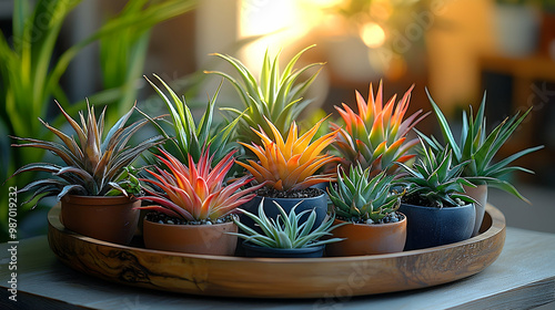 A collection of air plants arranged artistically on a wooden tray, with warm sunlight accentuating their unique, floating shapes, evoking minimalism, natural beauty, and care-free greenery