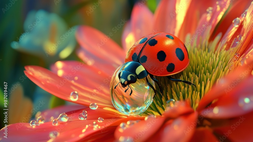 Fototapeta premium ladybug enjoys its cozy abode within the shimmering raindrop