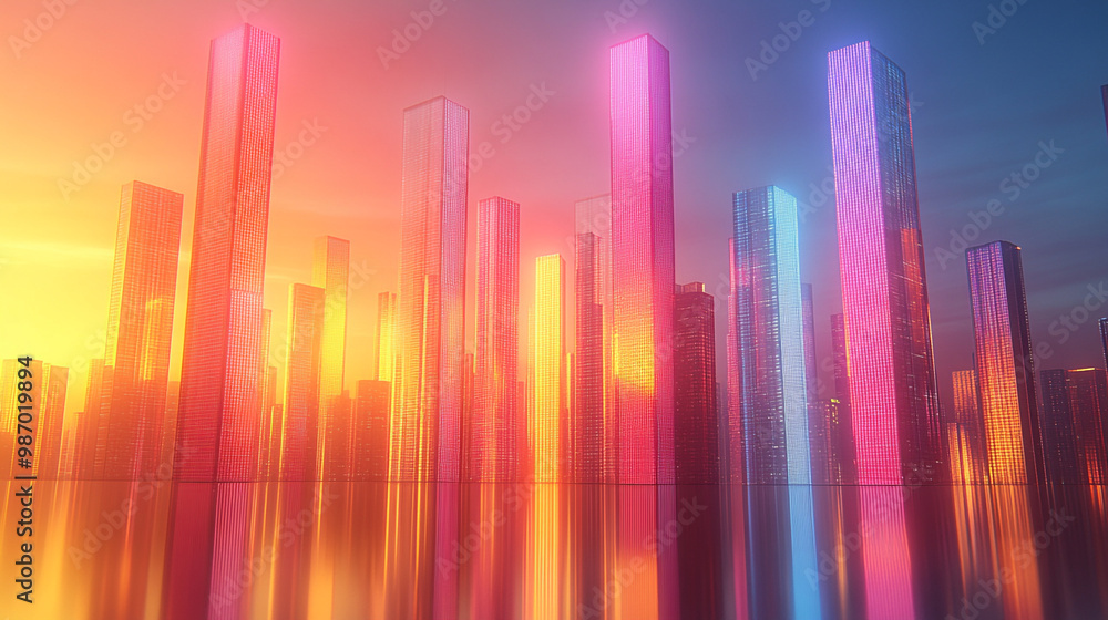 A vibrant cityscape featuring colorful glass skyscrapers reflecting a stunning sunset, creating a dreamlike atmosphere. A vibrant cityscape featuring colorful glass skyscrapers reflecting a stunning sunset, creating a dreamlike atmosphere.