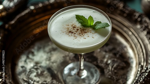 Green Grasshopper Cocktail with Mint Garnish on Silver Tray.