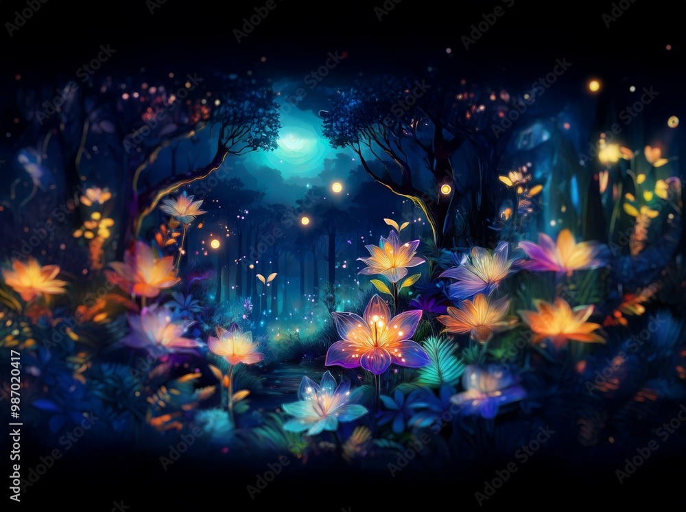 Vibrant flowers glow with iridescent hues in a mystical, dark forest. Vibrant flowers glow with iridescent hues in a mystical, dark forest.