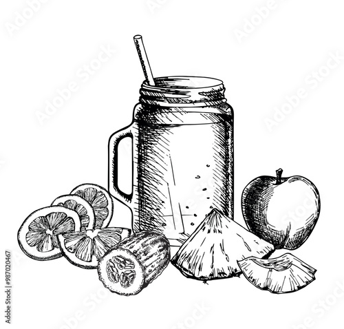 hand drawn smoothie Illustration. Detailed retro style smoothie logo. Vintage sketch element for label, poster, packaging and cards design