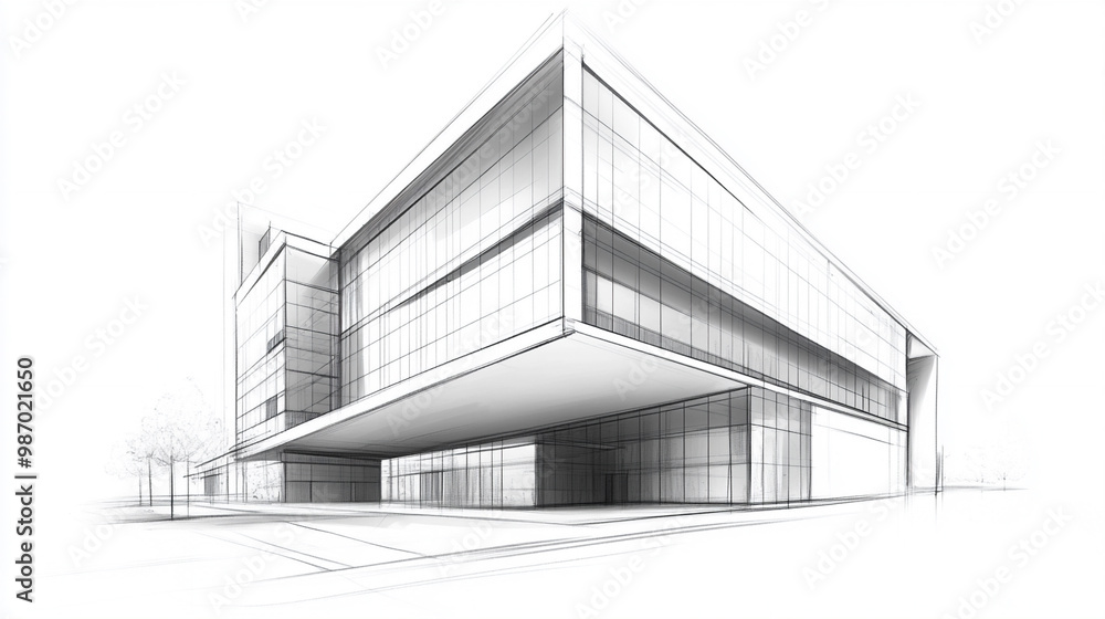 a drawing sketch of architecture, modern office building, perspective, simple lines, on white background. a drawing sketch of architecture, modern office building, perspective, simple lines, on white background.