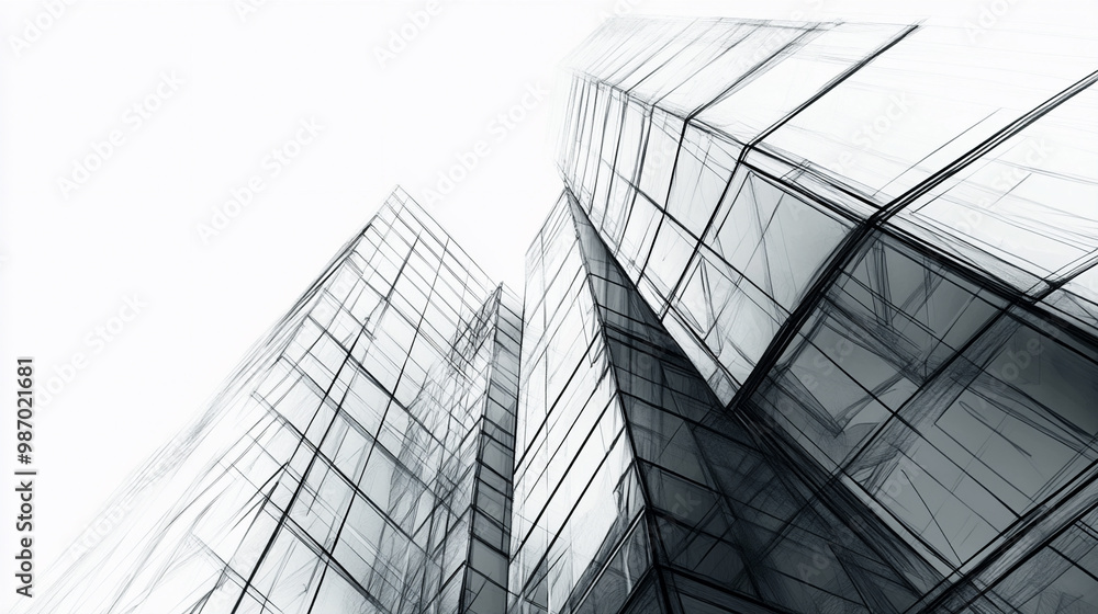 Fototapeta premium a drawing sketch of architecture, modern office building, perspective, simple lines, on white background.