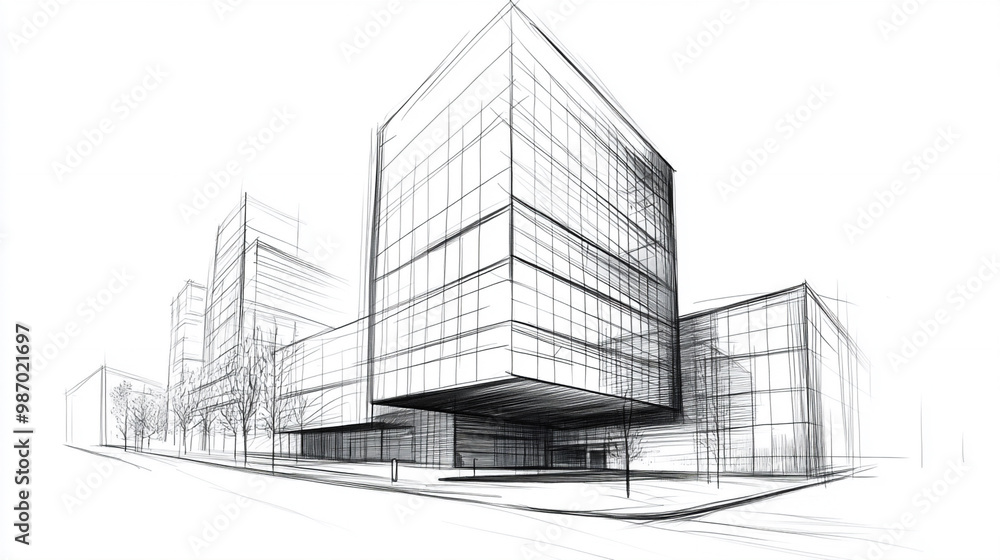 Fototapeta premium a drawing sketch of architecture, modern office building, perspective, on white background.