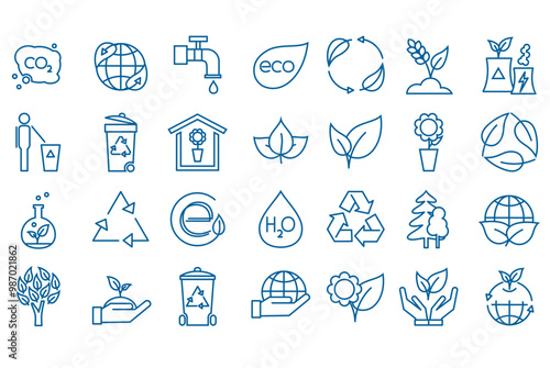 Ecology icons set. Eco friendly. Environment and sustainability concepts. Protection, planet care, natural recycling power. Collection of web icons. Symbols outlines