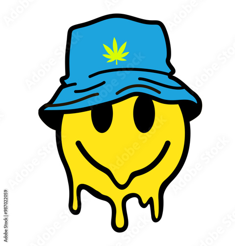 Groovy melted smile. Illustration for logo, t-shirt, sticker, or apparel merchandise. Melted smile face wearing Bob Bucket hat