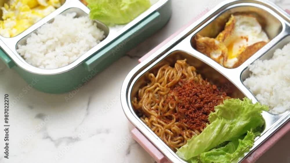 close up Lunch boxes with food isolated on marble background, bento close up Lunch boxes with food isolated on marble background, bento