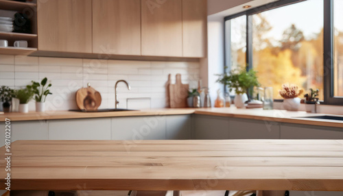 Empty wooden table with blurred kitchen background perfect for product displays