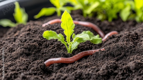 Close-up of earthworms enriching soil in a composting system, soil health improvement photo