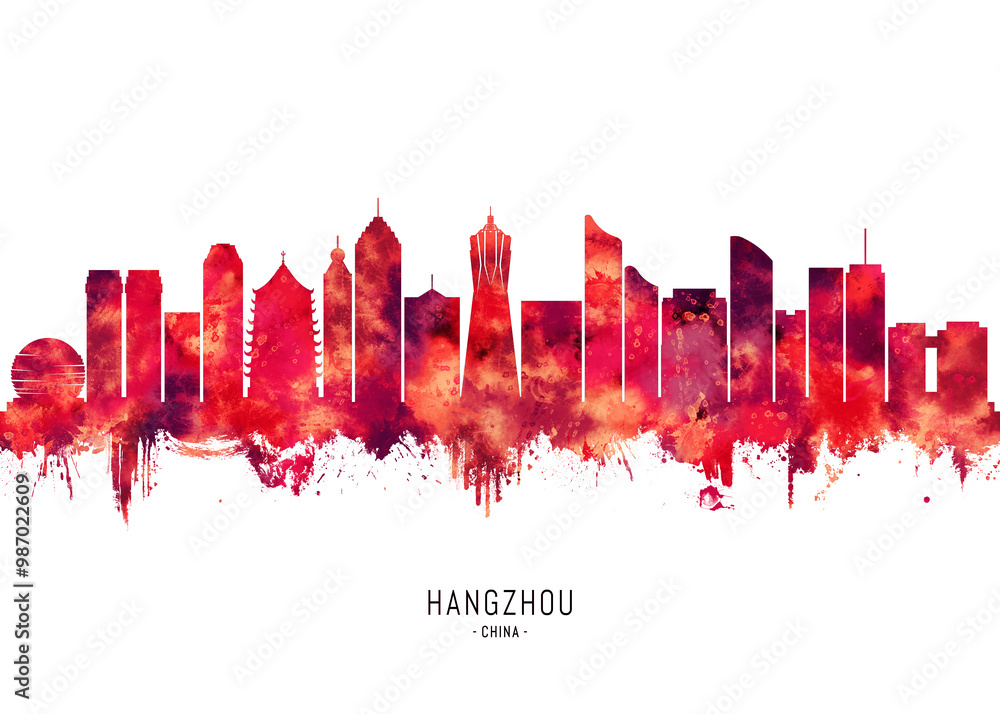 Fototapeta premium Hangzhou China Skyline Red