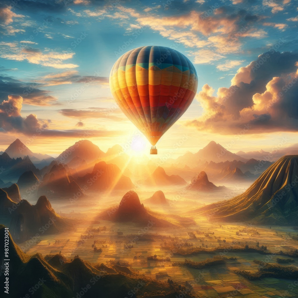 Obraz premium A colorful hot air balloon drifts above a sunlit mountain valley, capturing the beauty of nature at sunrise. The radiant light illuminates the landscape, creating a breathtaking and inspiring scene
