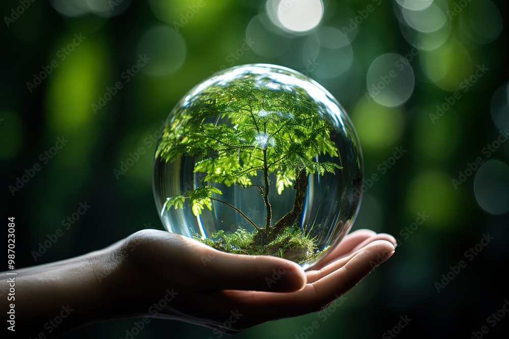 Attractive Human hands holding a glass sphere with tree inside and blurred forest background Attractive Human hands holding a glass sphere with tree inside and blurred forest background