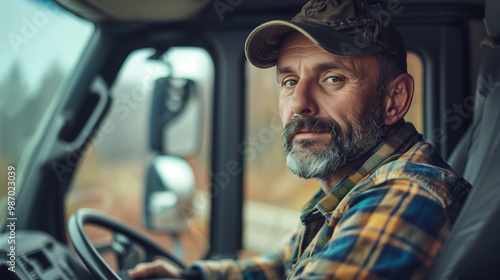 portrait of a male truck driver sitting on driving seat