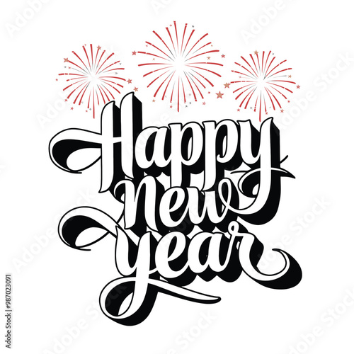 Happy New Year typography design with fireworks. A bold, stylized graphic design featuring the text "Happy New Year" in a fun, decorative font