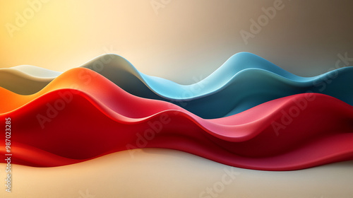 Abstract waves in red, blue, and orange create a vibrant and dynamic visual with soft curves and depth.