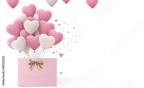 Pink and white heart-shaped balloon bouquet tied to the top of an empty gift card, pink card with a white background photo