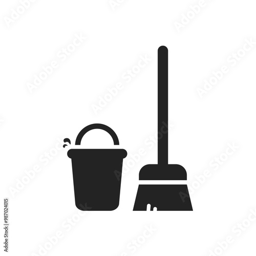 Isolated pictogram water bucket and mopping stick icon for safety sign cleaning in progress, janitor, slippery when wet, caution wet floor, fall hazard	