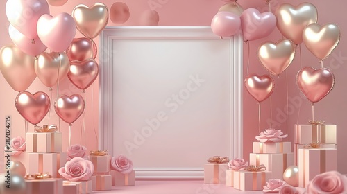 3D render of a white blank frame surrounded by heart-shaped balloons photo