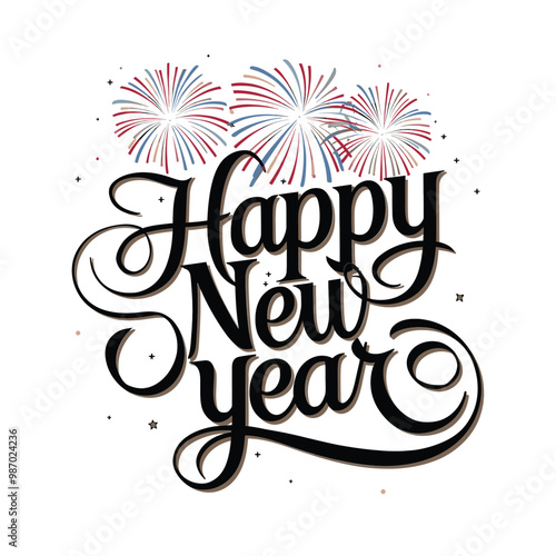 Happy New Year graphic with fireworks, perfect for New Year's greetings. A celebratory graphic design featuring the words "Happy New Year" in a stylized, elegant script font