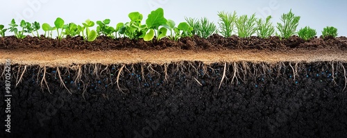 Cross-section of farmland soil showing diverse organisms contributing to soil health