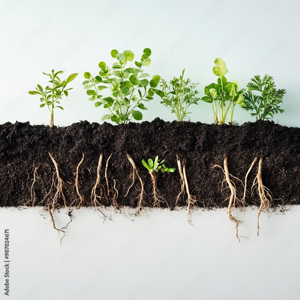 Fototapeta premium Cross-section of soil with various plants and roots thriving in different layers, biodiversity concept