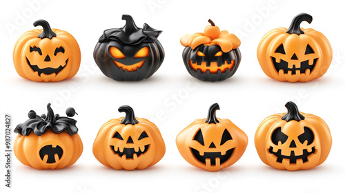 Colorful Halloween pumpkins with various spooky faces for festive decoration and themed events.