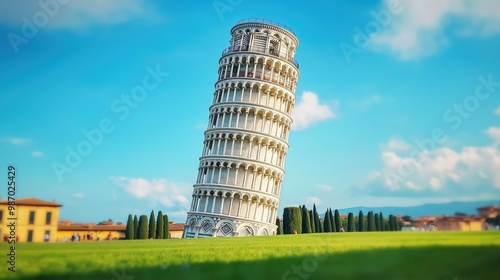 Leaning Tower of Pisa, blue sky, bright colors, clean background, grassland, green lawn photo