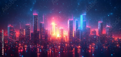 This mesmerizing city skyline features illuminated skyscrapers amid a cosmic backdrop, radiating vibrant colors. The atmosphere is enchanting, evoking wonder. AI Power Concept