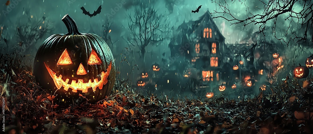 Obraz premium Spooky Halloween scene with a glowing jack-o-lantern in the foreground, a haunted house in the background, and bats flying in the air.