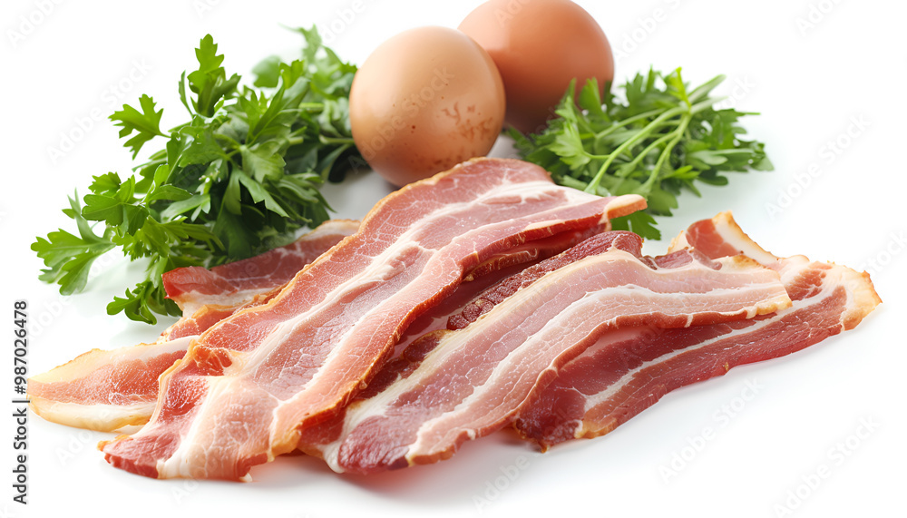 Tasty bacon, eggs and parsley isolated on white Tasty bacon, eggs and parsley isolated on white