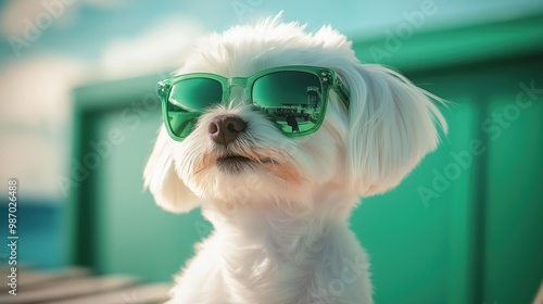 Cute white Maltese dog wearing green sunglasses photo