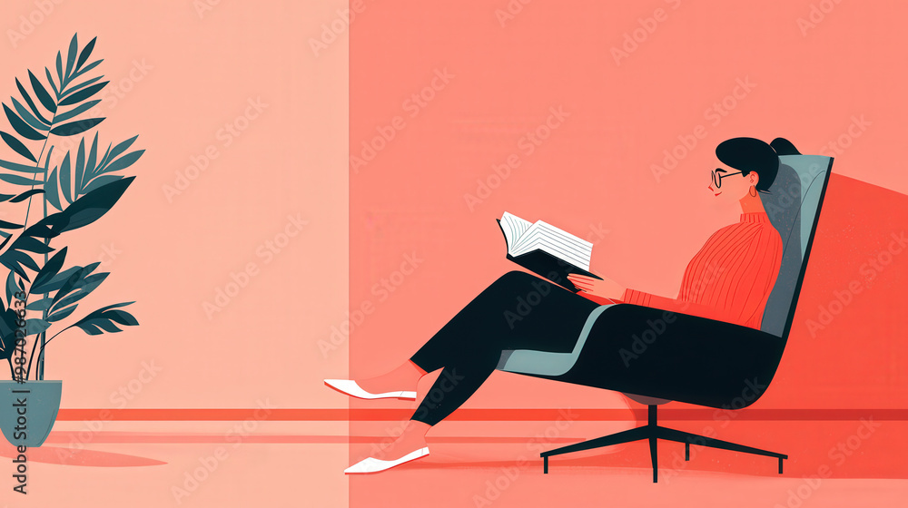 person enjoying peaceful routine during lunch break, reading book in cozy chair surrounded by plant. warm colors create relaxing atmosphere person enjoying peaceful routine during lunch break, reading book in cozy chair surrounded by plant. warm colors create relaxing atmosphere