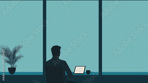 serene workspace featuring silhouette of person sitting at desk, focused on laptop with cup nearby. calming blue backdrop enhances tranquil atmosphere