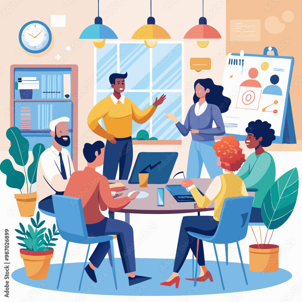 Wide Shot of a Multiethnic Group of People Discussing Ideas in a Meeting Room at Office. Businesspeople Making Creative Decisions For their Startup and Discussing Options. Line Art Vector Illustration Wide Shot of a Multiethnic Group of People Discussing Ideas in a Meeting Room at Office. Businesspeople Making Creative Decisions For their Startup and Discussing Options. Line Art Vector Illustration