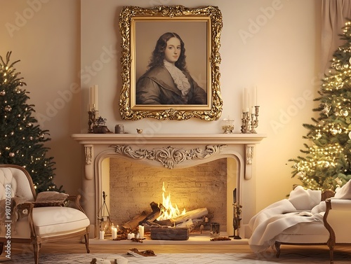 Ornate Gilded 3D Mockup Frame in Cozy Farmhouse Living Room with Fireplace and Mantel Decor Soft Ambient Lighting and Traditional Interiors photo