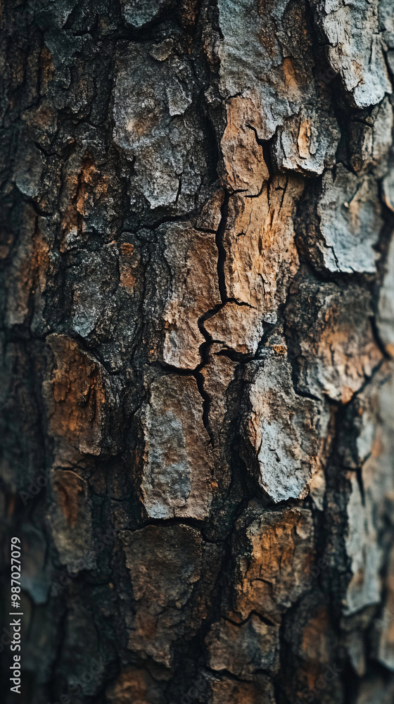 Fototapeta premium closeup rustic tree bark texture - dark brown, grey, and orange tones - natural background