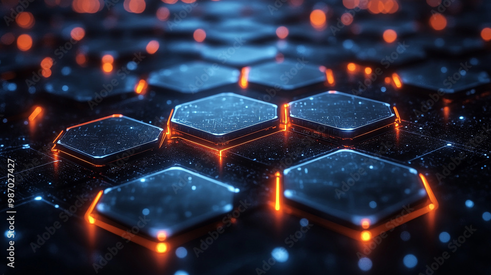 Obraz premium Futuristic hexagonal pattern with glowing edges, perfect for technology, gaming, and digital art projects.