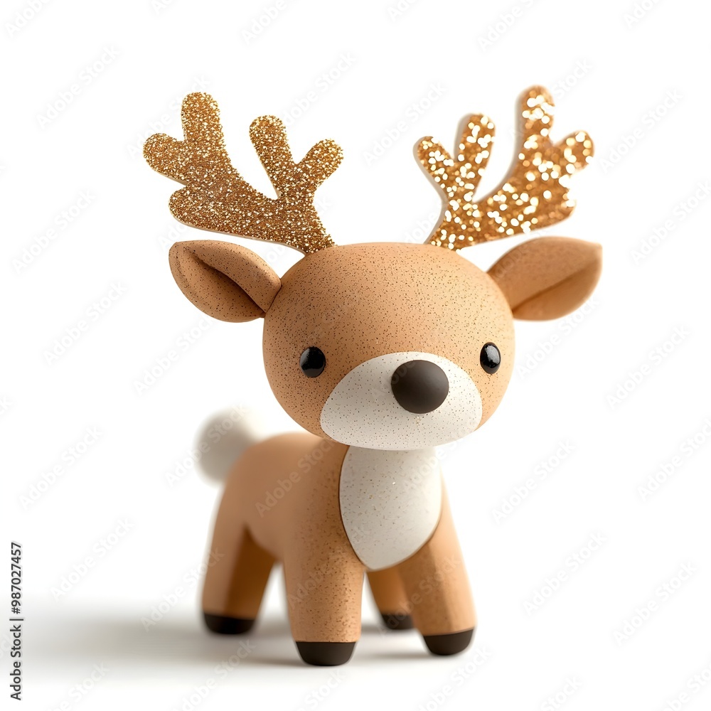 Obraz premium Adorable Reindeer Figurine with Glittering Antlers on White Background