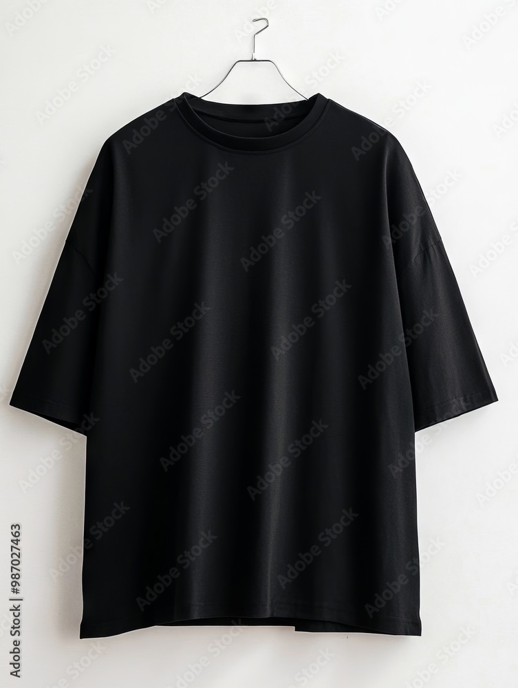 A black t - shirt hanging on a white wall A black t - shirt hanging on a white wall