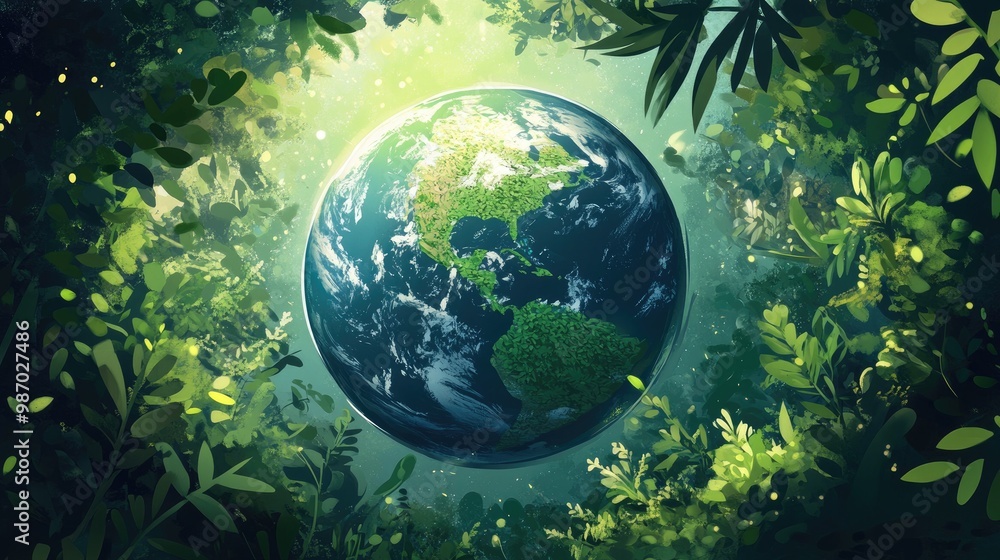 A beautiful illustration of Earth full of greenery, symbolizing environmental preservation and renewal A beautiful illustration of Earth full of greenery, symbolizing environmental preservation and renewal